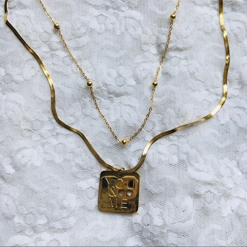 Gold Stainless Steel You + Me Double Layered Necklace